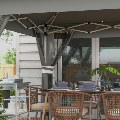 Folding Gazebo approx. 3 x 3 m, Gazebo with LED, 4 Net Curtains, Side Wall, Garden Gazebo with Water Bag, Double Roof, Carry Bag, for Balcony, Terrace, Dark Gray
