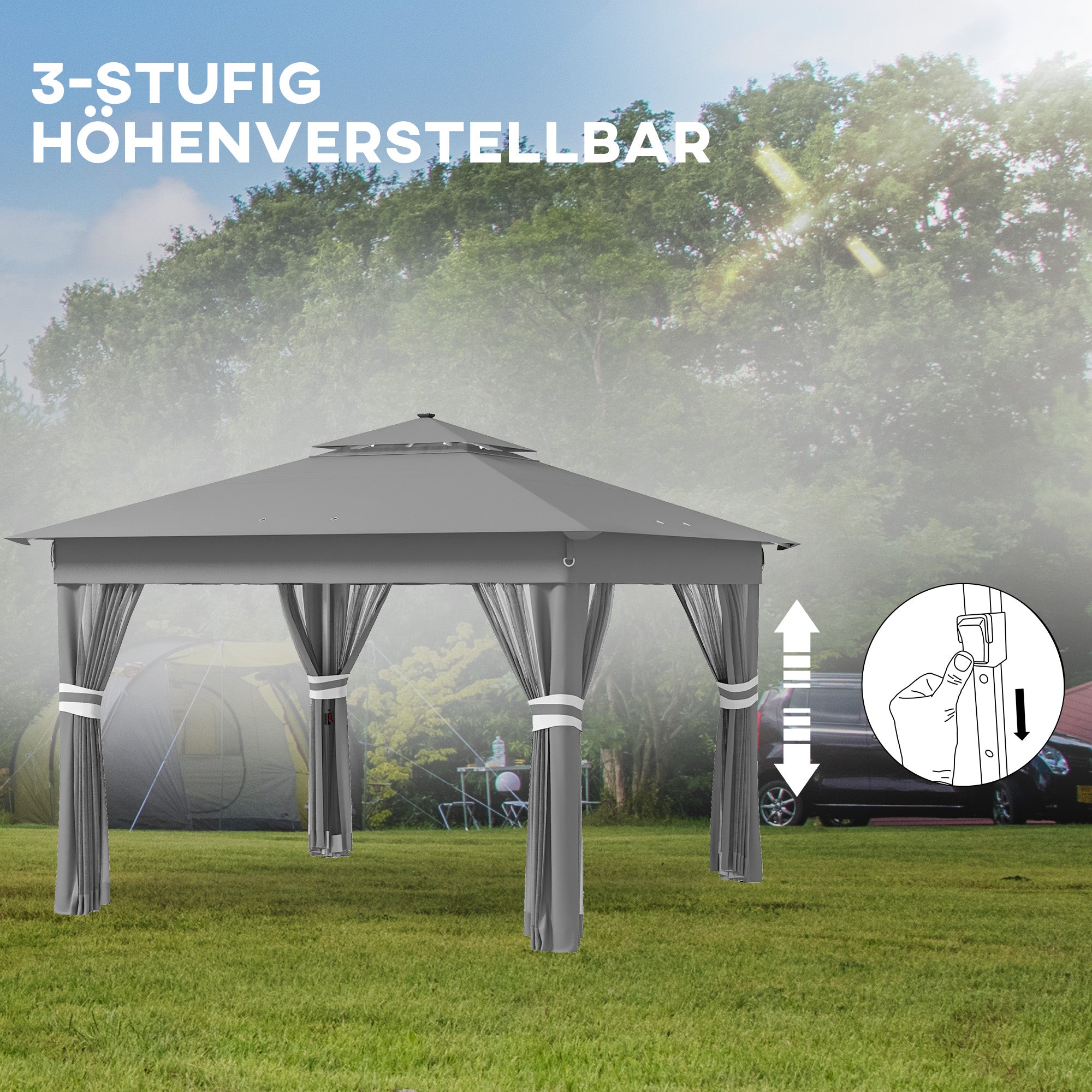 Folding Gazebo approx. 3 x 3 m, Gazebo with LED, 4 Net Curtains, Side Wall, Garden Gazebo with Water Bag, Double Roof, Carry Bag, for Balcony, Terrace, Dark Gray