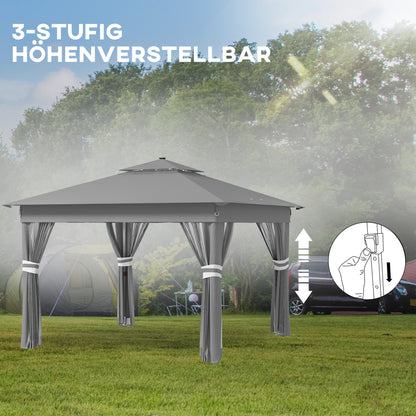 Folding Gazebo approx. 3 x 3 m, Gazebo with LED, 4 Net Curtains, Side Wall, Garden Gazebo with Water Bag, Double Roof, Carry Bag, for Balcony, Terrace, Dark Gray