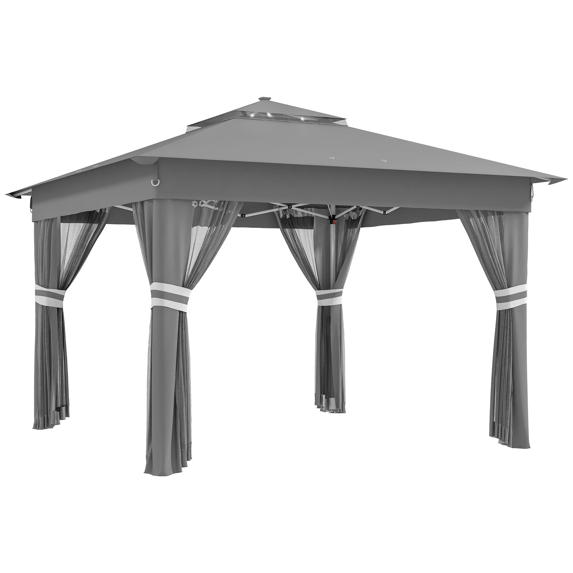 Folding Gazebo approx. 3 x 3 m, Gazebo with LED, 4 Net Curtains, Side Wall, Garden Gazebo with Water Bag, Double Roof, Carry Bag, for Balcony, Terrace, Dark Gray