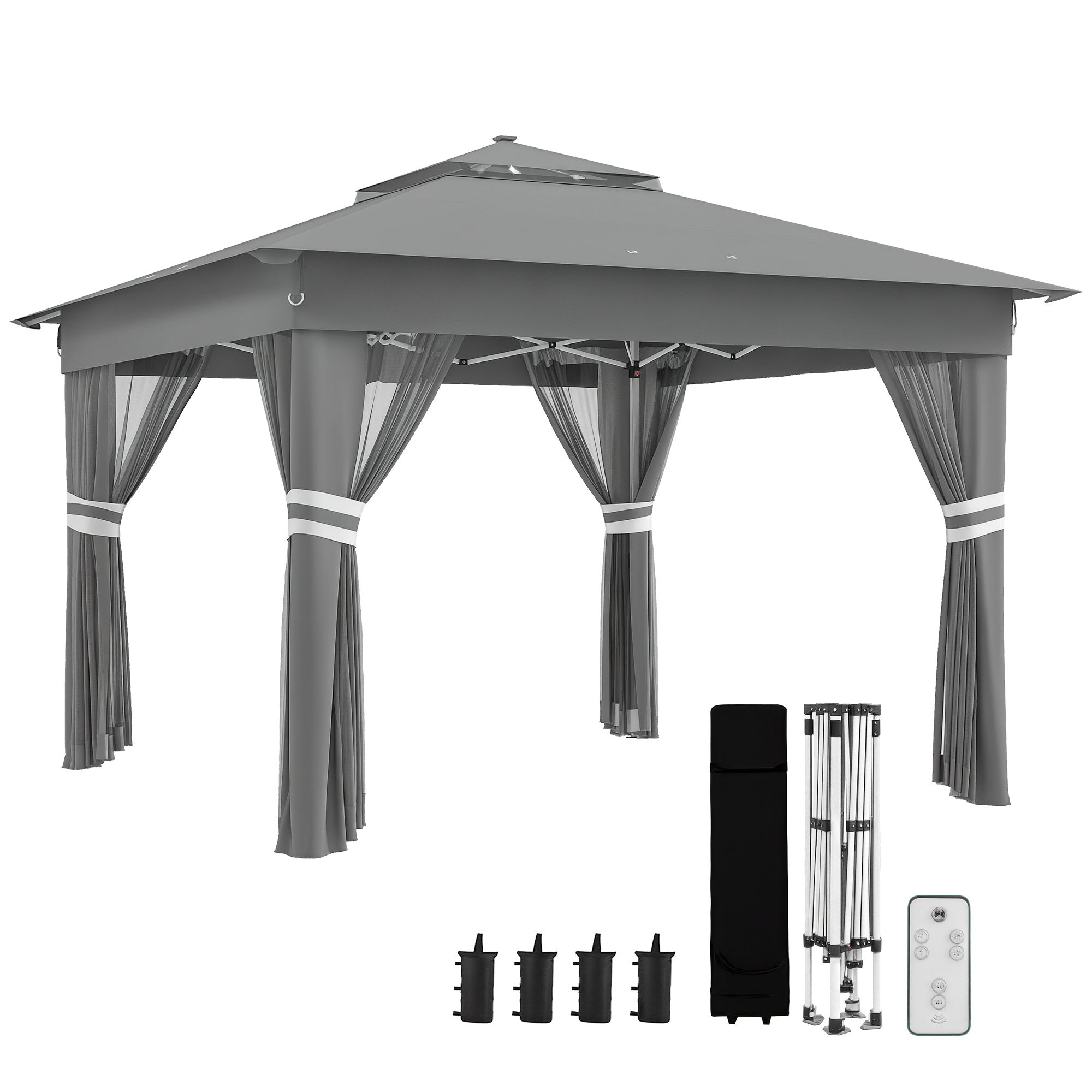 Folding Gazebo approx. 3 x 3 m, Gazebo with LED, 4 Net Curtains, Side Wall, Garden Gazebo with Water Bag, Double Roof, Carry Bag, for Balcony, Terrace, Dark Gray