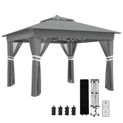 Folding Gazebo approx. 3 x 3 m, Gazebo with LED, 4 Net Curtains, Side Wall, Garden Gazebo with Water Bag, Double Roof, Carry Bag, for Balcony, Terrace, Dark Gray