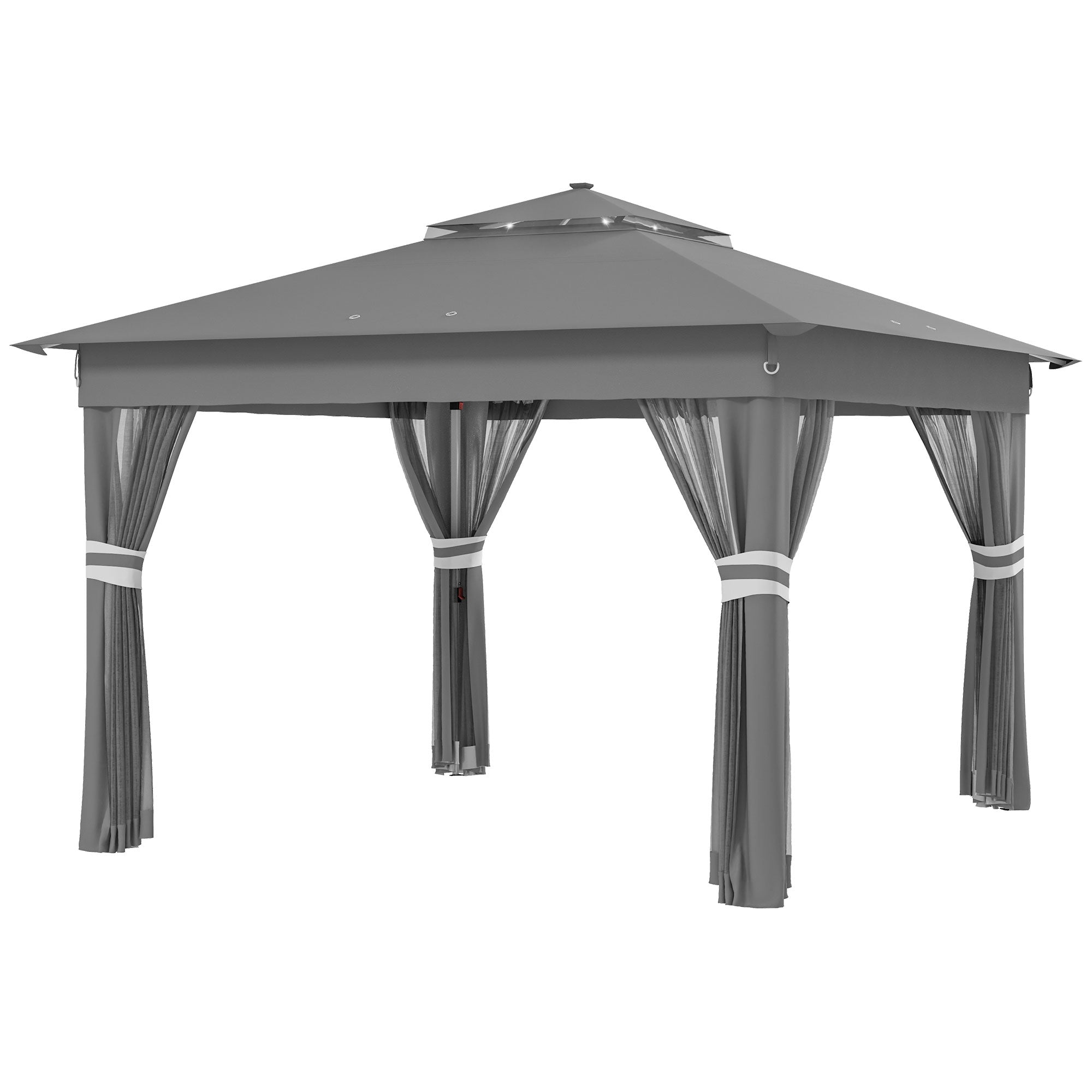 Folding Gazebo approx. 3 x 3 m, Gazebo with LED, 4 Net Curtains, Side Wall, Garden Gazebo with Water Bag, Double Roof, Carry Bag, for Balcony, Terrace, Dark Gray