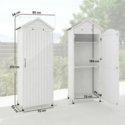 Tall Pine Garden Storage Cabinet with Adjustable Shelves, Magnetic Door & Galvanized Roof, 85 x 58 x 213 cm (33.5 x 22.8 x 84 in) — White