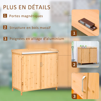 2-in-1 Garden Armoire on Stand Potting Table - double door gardening table, shelf, galvanized steel sheet top - pre-oiled cedar wood planting table