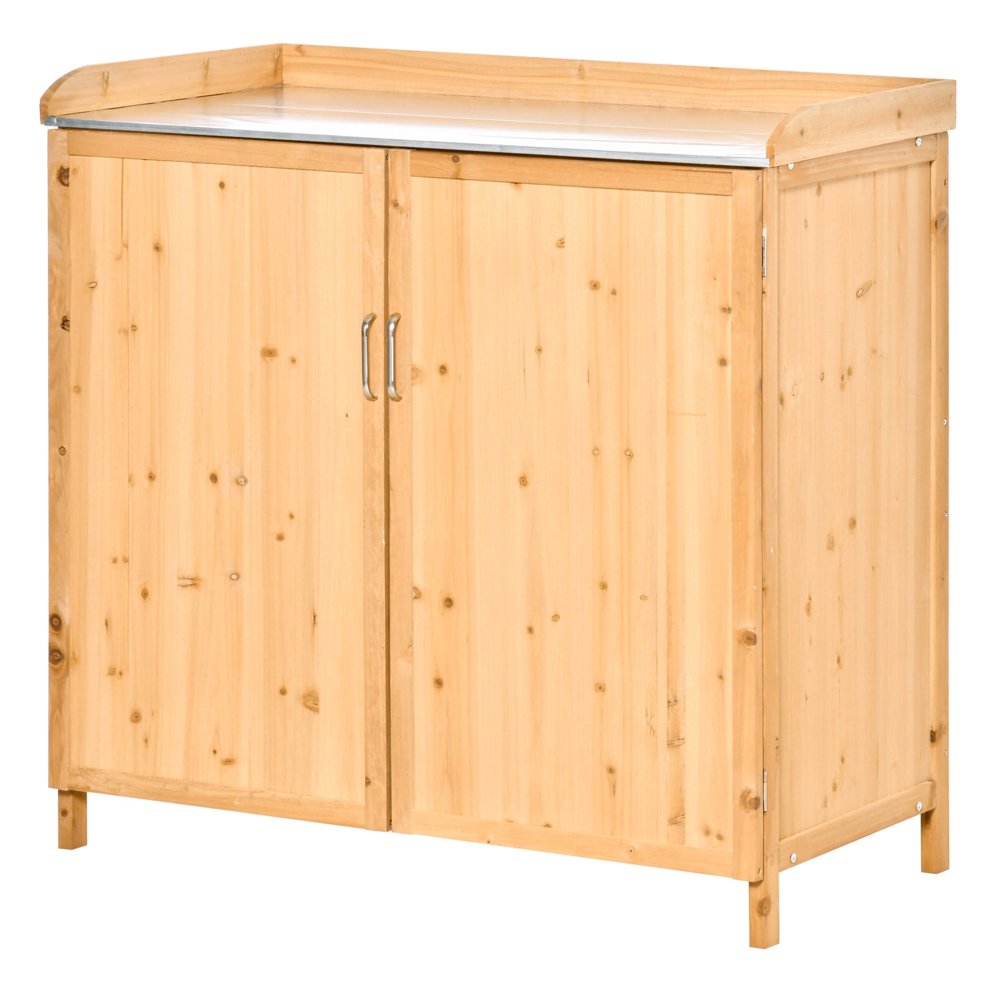 2-in-1 Garden Armoire on Stand Potting Table - double door gardening table, shelf, galvanized steel sheet top - pre-oiled cedar wood planting table