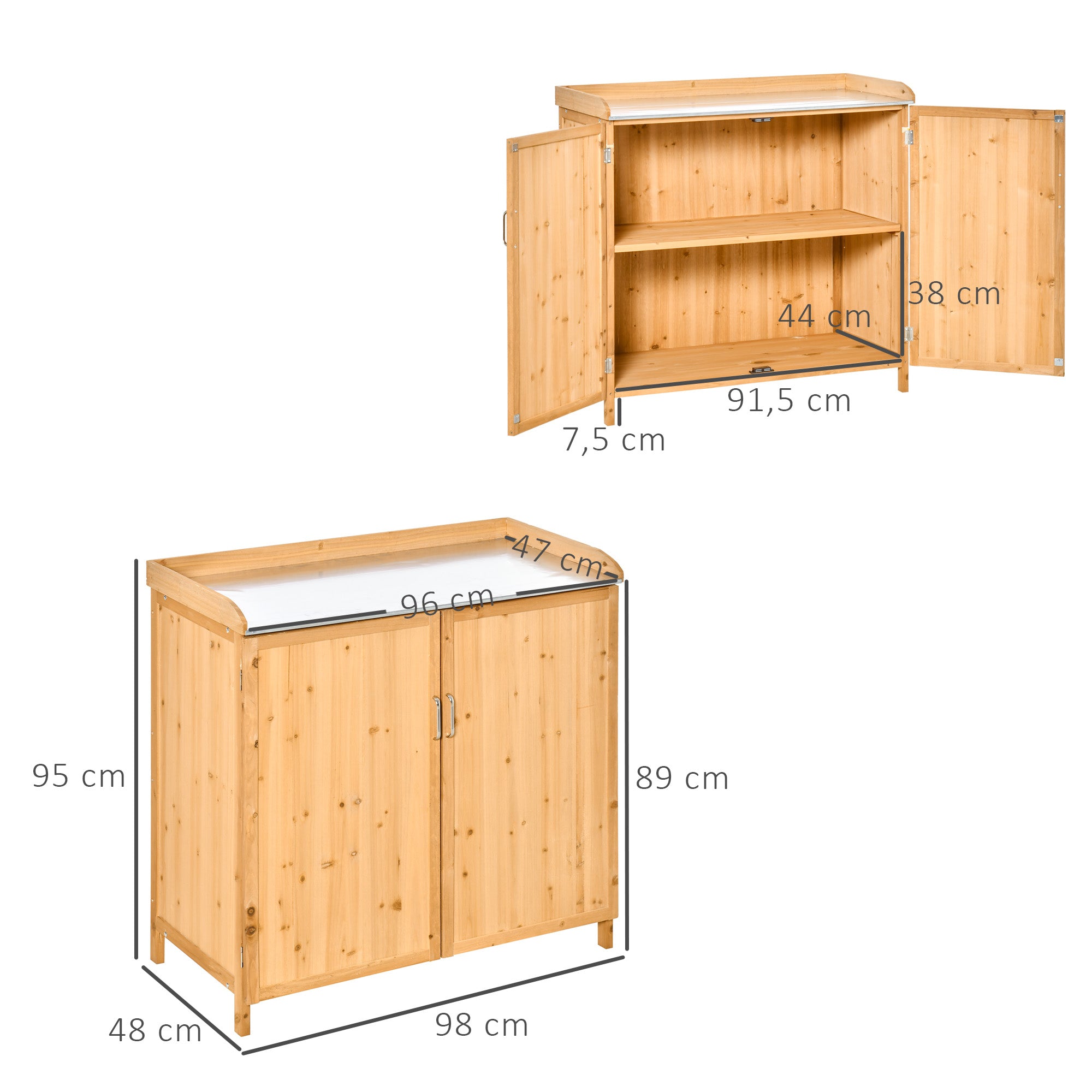 2-in-1 Garden Armoire on Stand Potting Table - double door gardening table, shelf, galvanized steel sheet top - pre-oiled cedar wood planting table