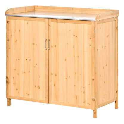 2-in-1 Garden Armoire on Stand Potting Table - double door gardening table, shelf, galvanized steel sheet top - pre-oiled cedar wood planting table