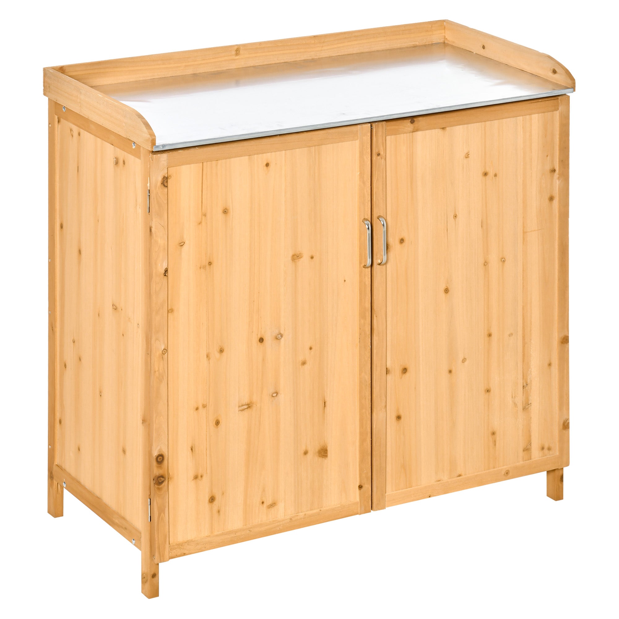 2-in-1 Garden Armoire on Stand Potting Table - double door gardening table, shelf, galvanized steel sheet top - pre-oiled cedar wood planting table