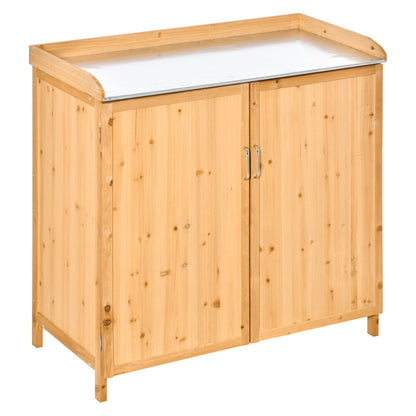 2-in-1 Garden Armoire on Stand Potting Table - double door gardening table, shelf, galvanized steel sheet top - pre-oiled cedar wood planting table