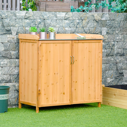 2-in-1 Garden Armoire on Stand Potting Table - double door gardening table, shelf, galvanized steel sheet top - pre-oiled cedar wood planting table