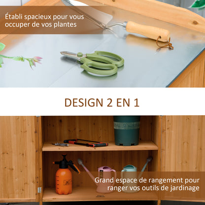 2-in-1 Garden Armoire on Stand Potting Table - double door gardening table, shelf, galvanized steel sheet top - pre-oiled cedar wood planting table