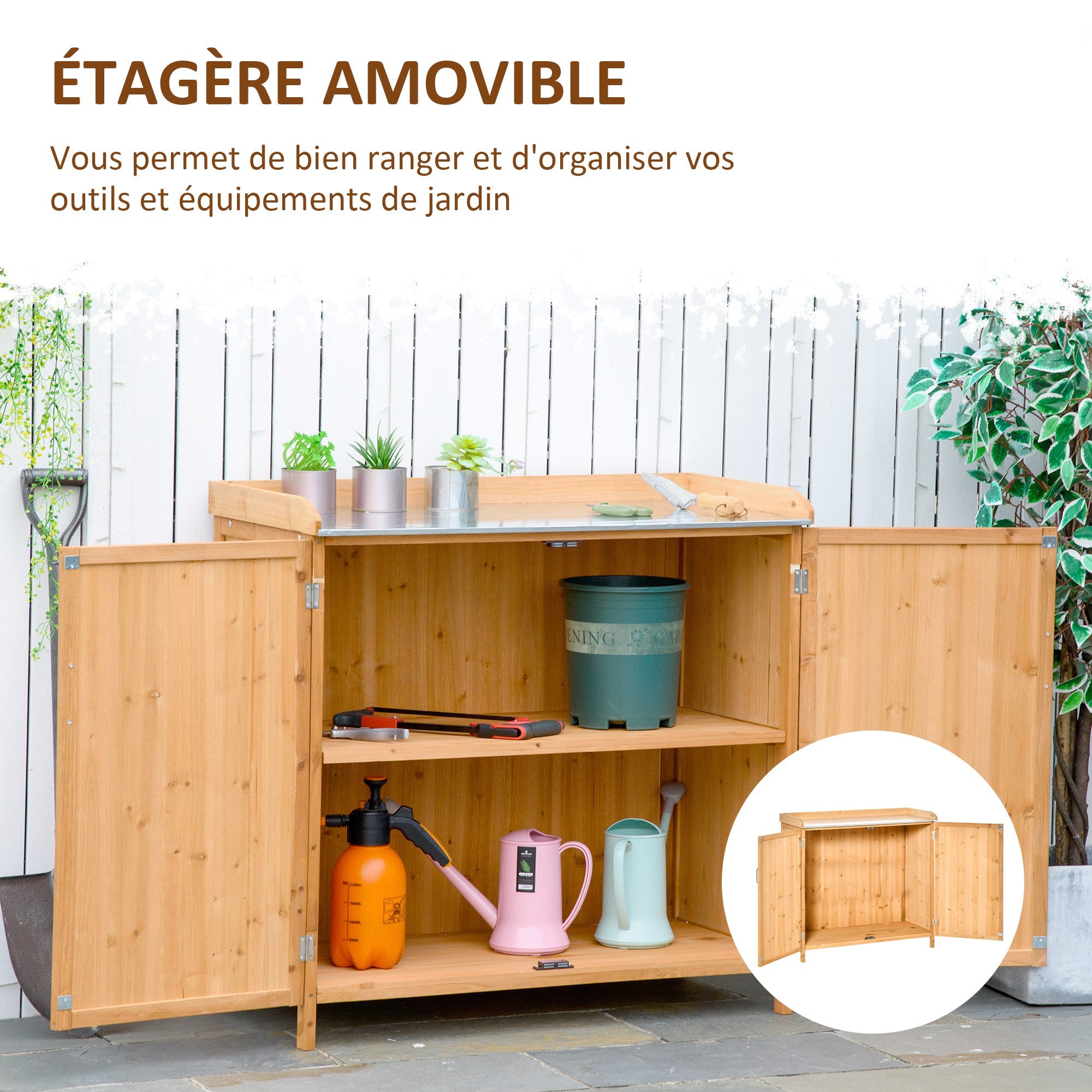 2-in-1 Garden Armoire on Stand Potting Table - double door gardening table, shelf, galvanized steel sheet top - pre-oiled cedar wood planting table