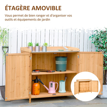 2-in-1 Garden Armoire on Stand Potting Table - double door gardening table, shelf, galvanized steel sheet top - pre-oiled cedar wood planting table