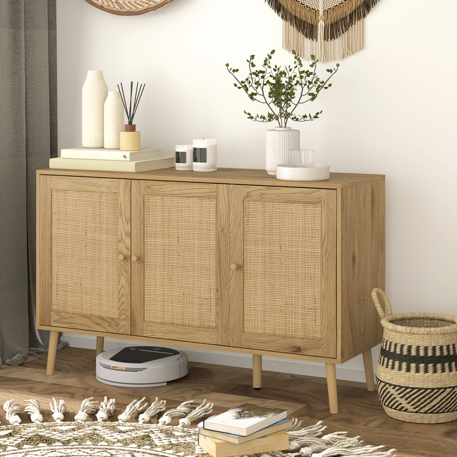 Buffet Living Room Cabinet Storage with Rattan Doors and Adjustable Shelf, for Living Room, Dining Room, Dimensions 120 x 40 x 75 cm, Natural Wood Look