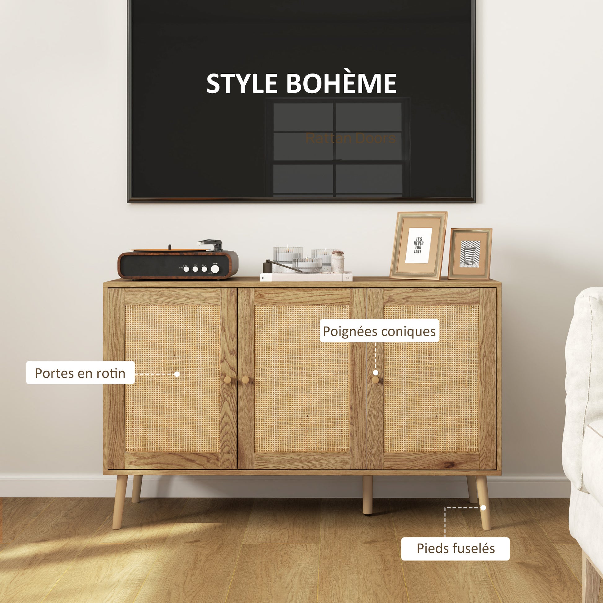 Buffet Living Room Cabinet Storage with Rattan Doors and Adjustable Shelf, for Living Room, Dining Room, Dimensions 120 x 40 x 75 cm, Natural Wood Look