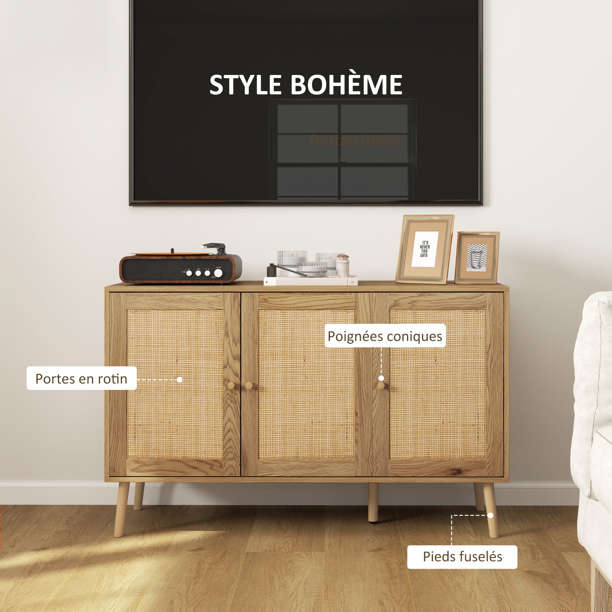 Buffet Living Room Cabinet Storage with Rattan Doors and Adjustable Shelf, for Living Room, Dining Room, Dimensions 120 x 40 x 75 cm, Natural Wood Look