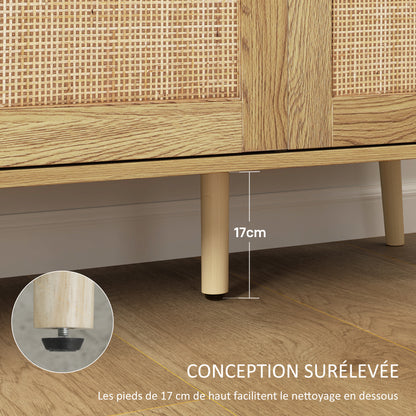 Buffet Living Room Cabinet Storage with Rattan Doors and Adjustable Shelf, for Living Room, Dining Room, Dimensions 120 x 40 x 75 cm, Natural Wood Look