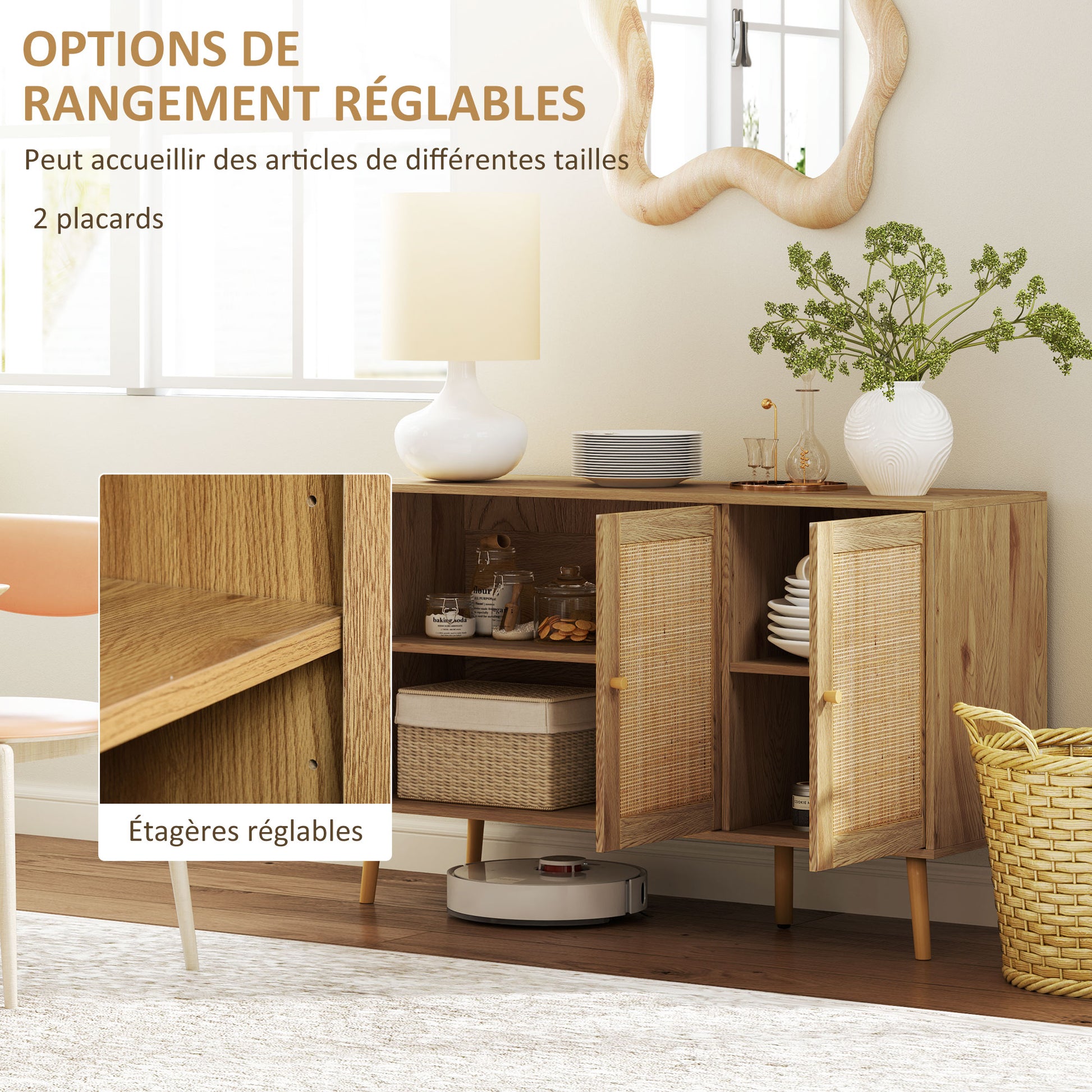 Buffet Living Room Cabinet Storage with Rattan Doors and Adjustable Shelf, for Living Room, Dining Room, Dimensions 120 x 40 x 75 cm, Natural Wood Look