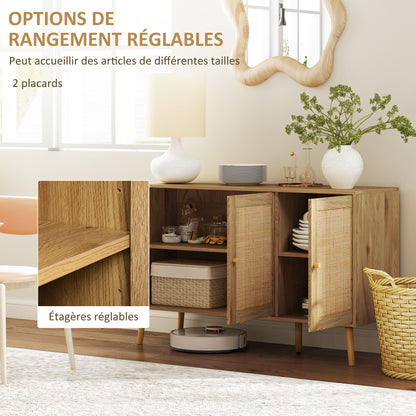 Buffet Living Room Cabinet Storage with Rattan Doors and Adjustable Shelf, for Living Room, Dining Room, Dimensions 120 x 40 x 75 cm, Natural Wood Look
