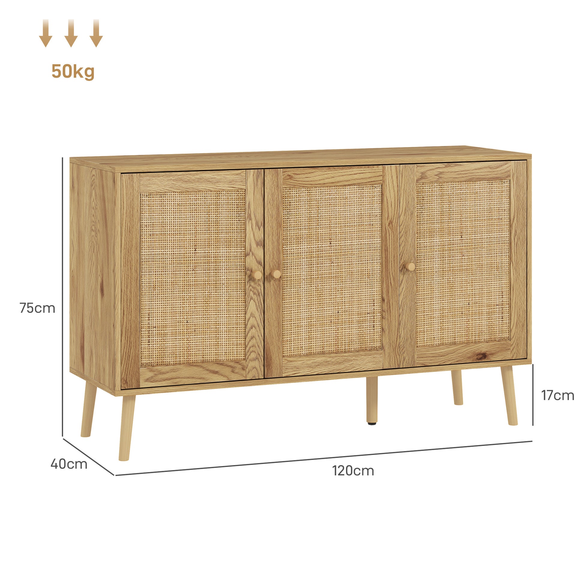 Buffet Living Room Cabinet Storage with Rattan Doors and Adjustable Shelf, for Living Room, Dining Room, Dimensions 120 x 40 x 75 cm, Natural Wood Look