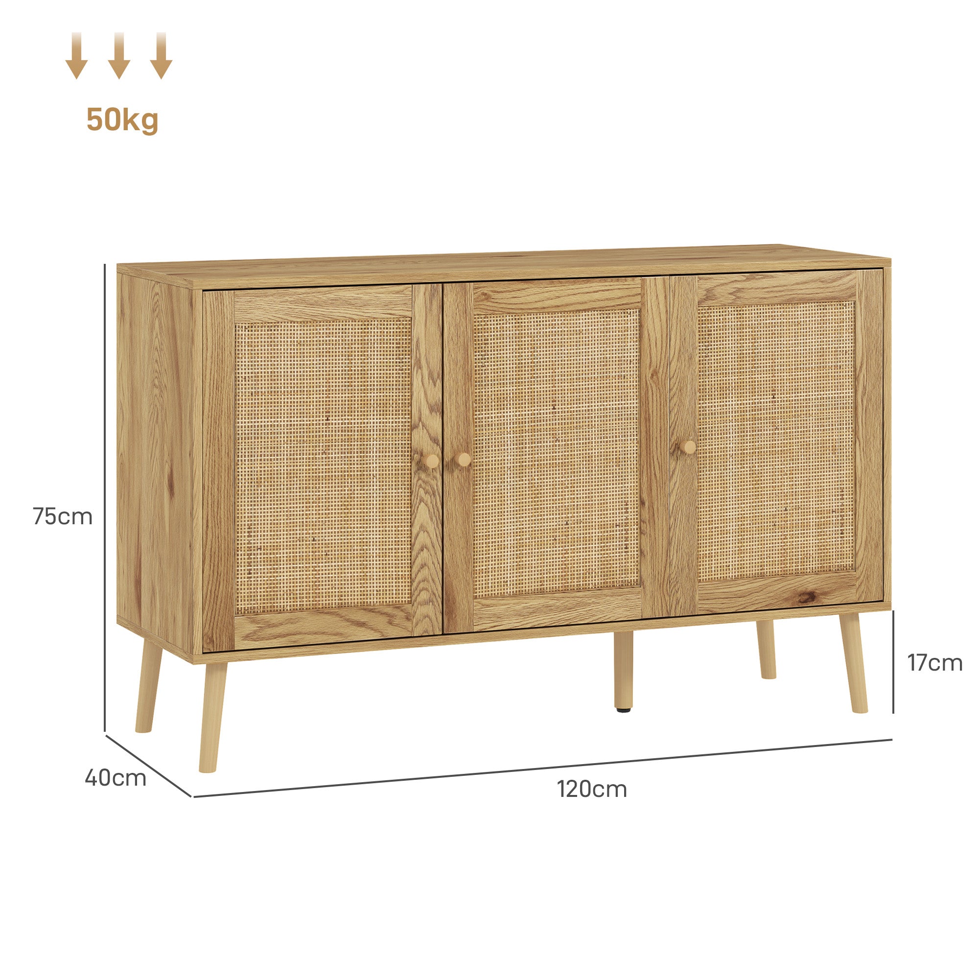 Buffet Living Room Cabinet Storage with Rattan Doors and Adjustable Shelf, for Living Room, Dining Room, Dimensions 120 x 40 x 75 cm, Natural Wood Look