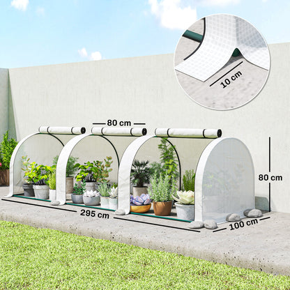 Mini Garden Greenhouse Tunnel for Tomatoes 3 x 1 x 0.8 m, Powder-Coated Steel Frame, High-Density 140 g/m² PE, UV-Resistant, 3 Roll-Up Zip Doors (White)