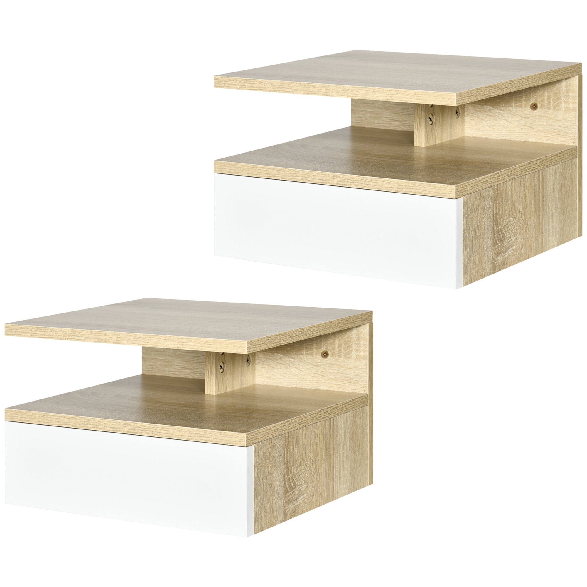 Set of 2 Floating Bedside Tables Wall-Mounted Nightstands with 1 Drawer and Open Shelf for Bedroom 35x32x22.5 cm Oak and White