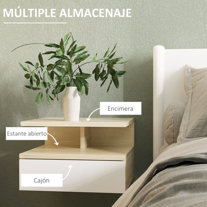 Set of 2 Floating Bedside Tables Wall-Mounted Nightstands with 1 Drawer and Open Shelf for Bedroom 35x32x22.5 cm Oak and White