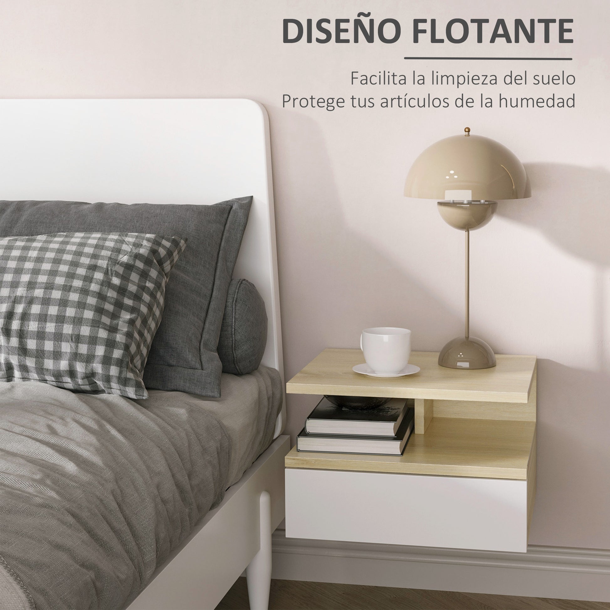 Set of 2 Floating Bedside Tables Wall-Mounted Nightstands with 1 Drawer and Open Shelf for Bedroom 35x32x22.5 cm Oak and White