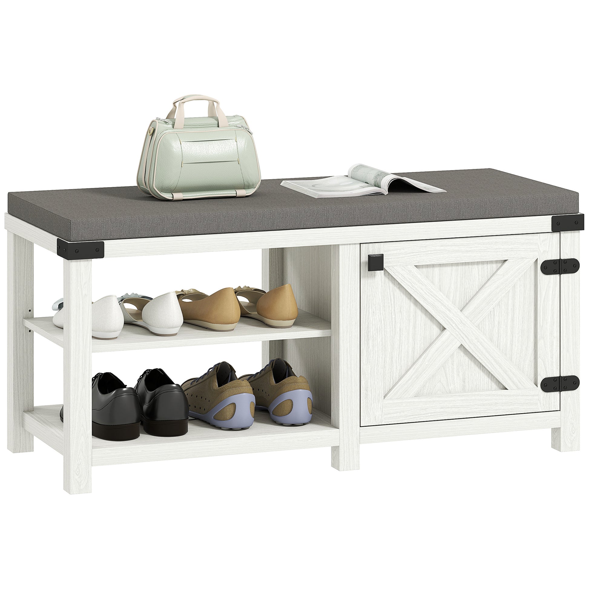 Rustic Shoe Bench Shoe Organizer Bench with Seat Shoe Storage Bench with Compartments Cushion for 7 Pairs of Shoes for Entryway Living Room Bedroom 100x40x48 cm White and Gray