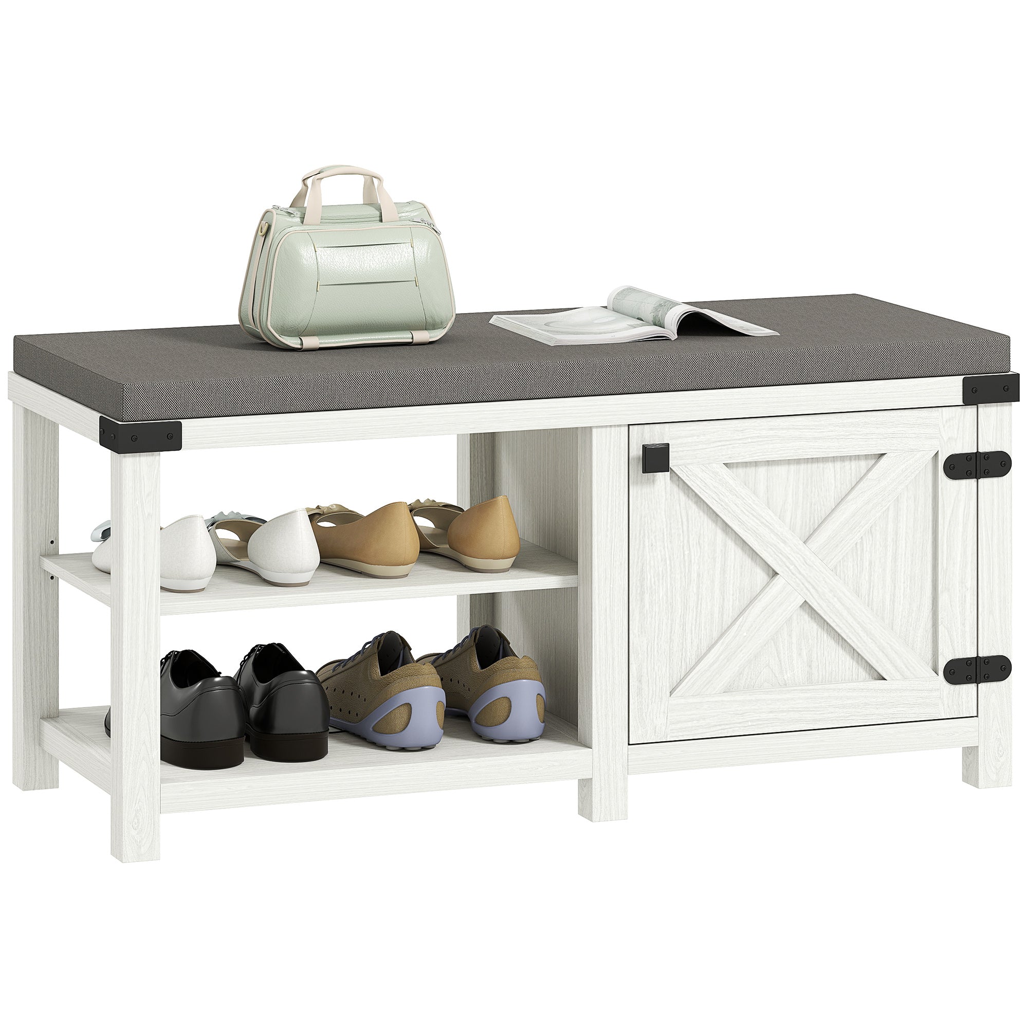 Rustic Shoe Bench Shoe Organizer Bench with Seat Shoe Storage Bench with Compartments Cushion for 7 Pairs of Shoes for Entryway Living Room Bedroom 100x40x48 cm White and Gray