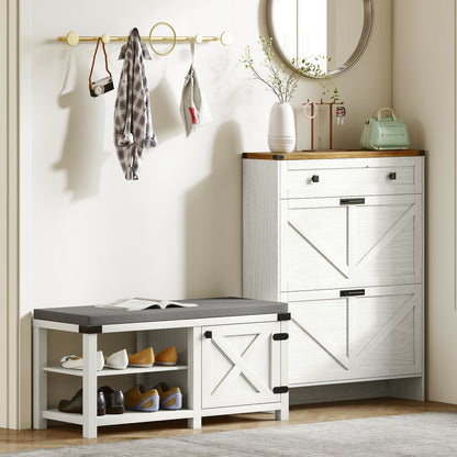 Rustic Shoe Bench Shoe Organizer Bench with Seat Shoe Storage Bench with Compartments Cushion for 7 Pairs of Shoes for Entryway Living Room Bedroom 100x40x48 cm White and Gray