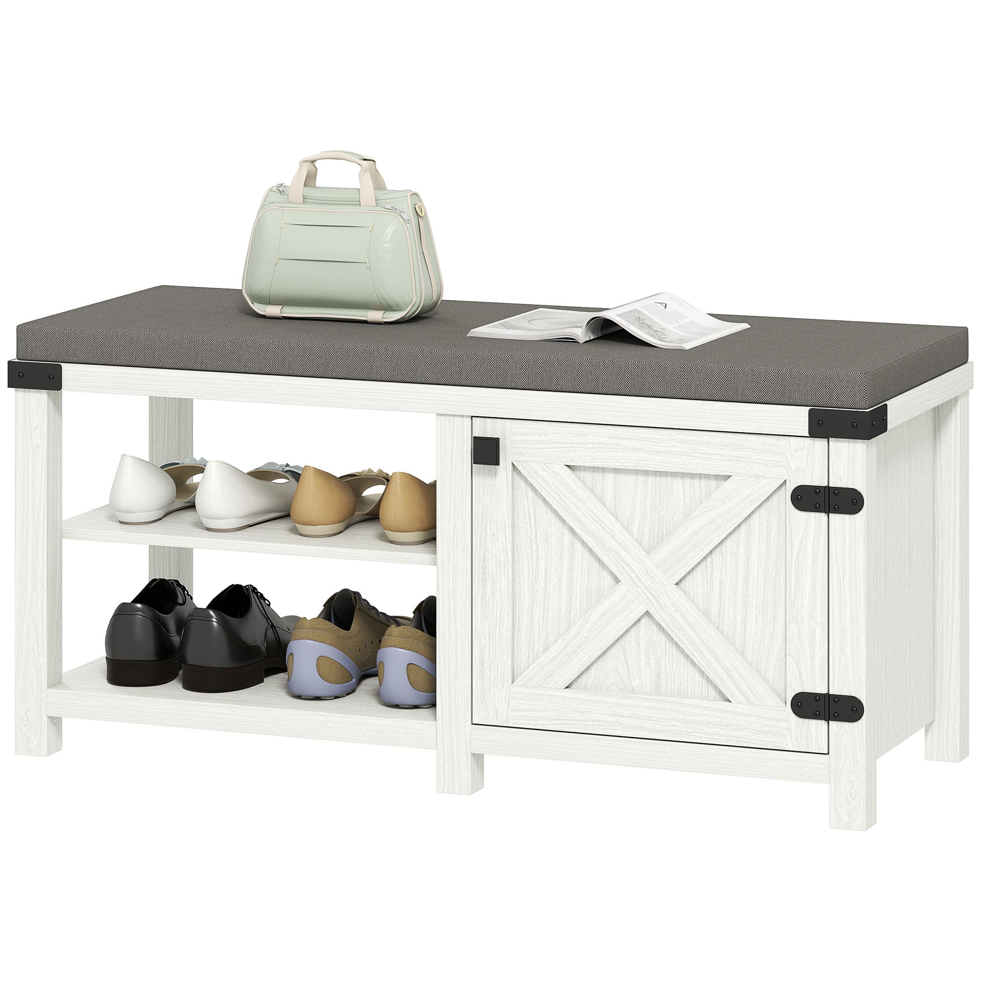 Rustic Shoe Bench Shoe Organizer Bench with Seat Shoe Storage Bench with Compartments Cushion for 7 Pairs of Shoes for Entryway Living Room Bedroom 100x40x48 cm White and Gray