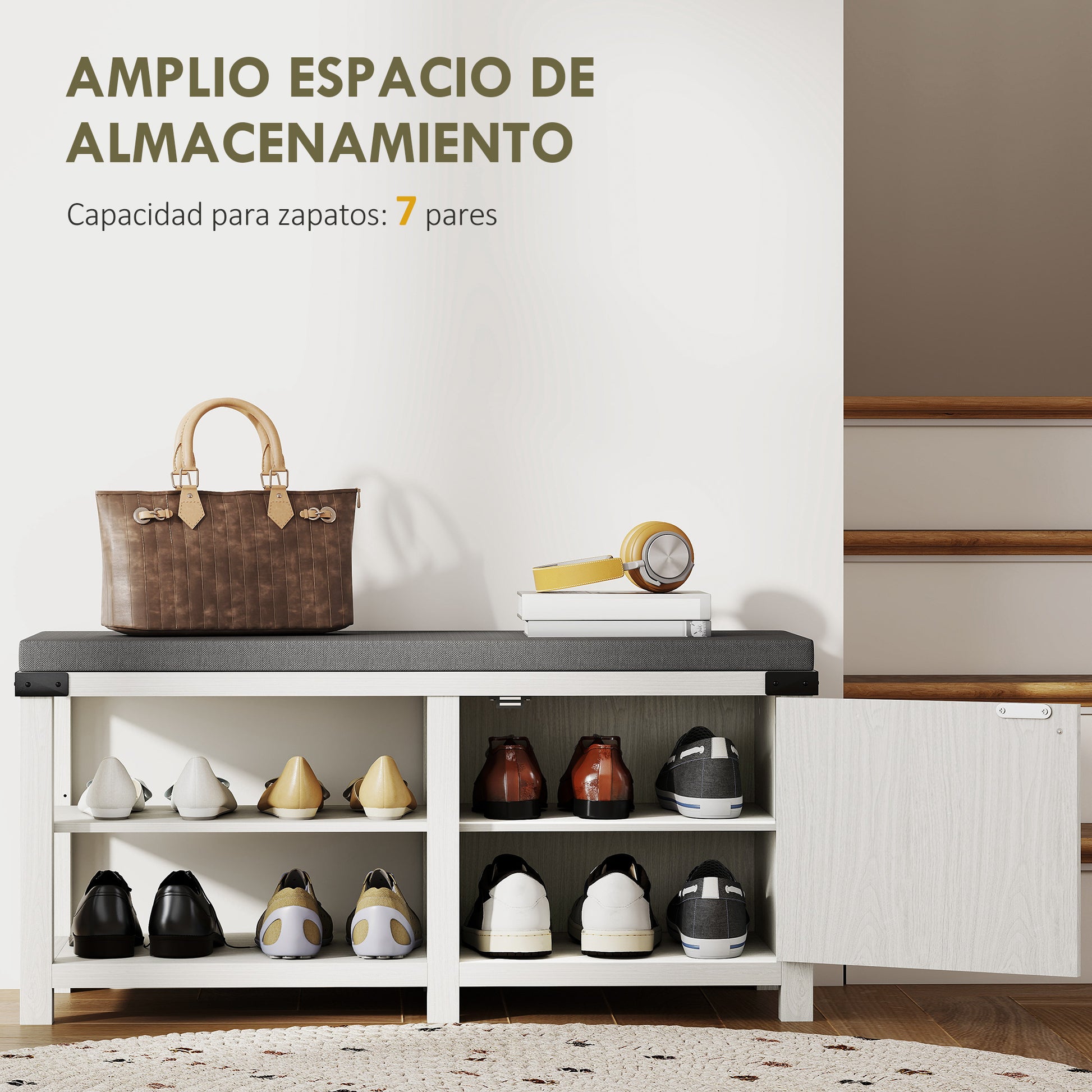 Rustic Shoe Bench Shoe Organizer Bench with Seat Shoe Storage Bench with Compartments Cushion for 7 Pairs of Shoes for Entryway Living Room Bedroom 100x40x48 cm White and Gray