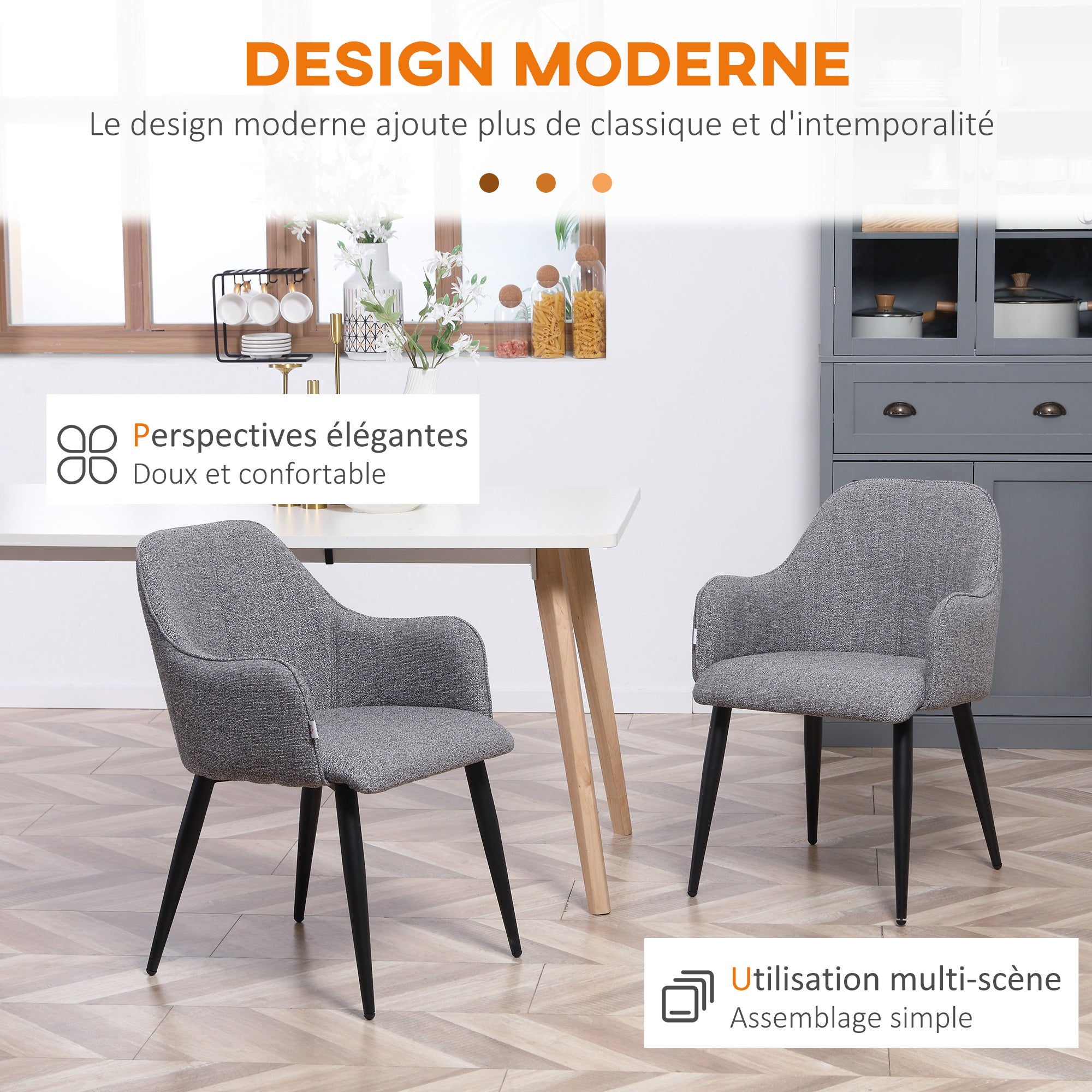 Set of 2 Chairs for Dining Room with Fabric and Steel Frame - inviting seat - dark gray