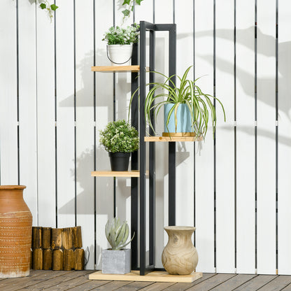 4-Tier Plant Stand, 110 cm High Flower Stand for Indoor Outdoor, Wooden Plant Shelf, Multi-layer Flower Rack, Flower Stand for Garden Balcony, Black+Natural Wood