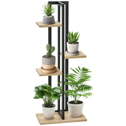 4-Tier Plant Stand, 110 cm High Flower Stand for Indoor Outdoor, Wooden Plant Shelf, Multi-layer Flower Rack, Flower Stand for Garden Balcony, Black+Natural Wood