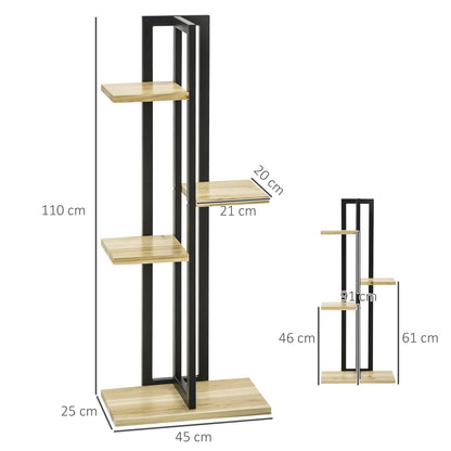 4-Tier Plant Stand, 110 cm High Flower Stand for Indoor Outdoor, Wooden Plant Shelf, Multi-layer Flower Rack, Flower Stand for Garden Balcony, Black+Natural Wood