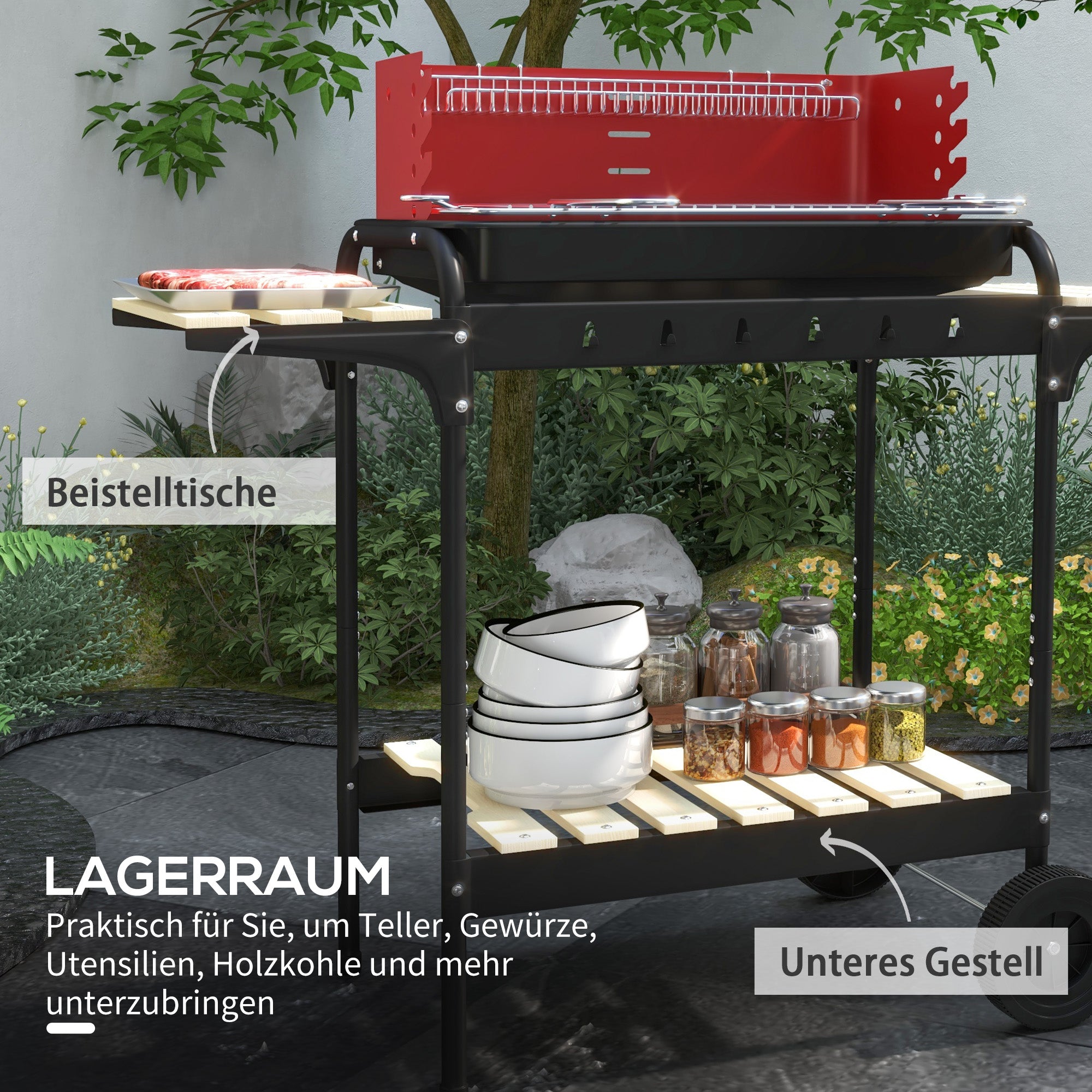 Metal Charcoal Grill BBQ Smoker with Wheels, Adjustable Height Grill Grate, Wood Shelf, Portable Grill Cart Charcoal Grill, BBQ for Barbecue Camping, Patio, 103x47x95 cm