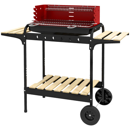 Metal Charcoal Grill BBQ Smoker with Wheels, Adjustable Height Grill Grate, Wood Shelf, Portable Grill Cart Charcoal Grill, BBQ for Barbecue Camping, Patio, 103x47x95 cm