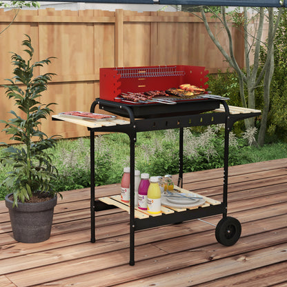 Metal Charcoal Grill BBQ Smoker with Wheels, Adjustable Height Grill Grate, Wood Shelf, Portable Grill Cart Charcoal Grill, BBQ for Barbecue Camping, Patio, 103x47x95 cm