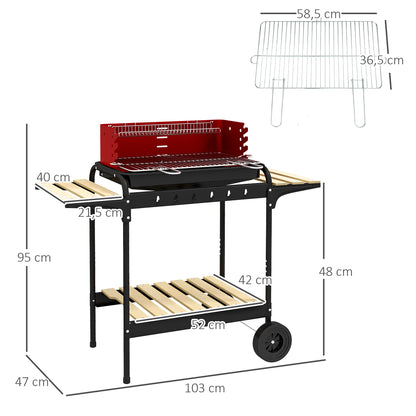 Metal Charcoal Grill BBQ Smoker with Wheels, Adjustable Height Grill Grate, Wood Shelf, Portable Grill Cart Charcoal Grill, BBQ for Barbecue Camping, Patio, 103x47x95 cm