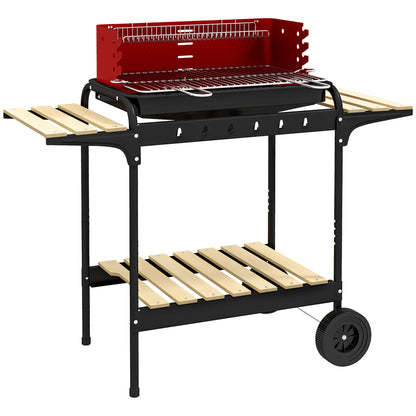 Metal Charcoal Grill BBQ Smoker with Wheels, Adjustable Height Grill Grate, Wood Shelf, Portable Grill Cart Charcoal Grill, BBQ for Barbecue Camping, Patio, 103x47x95 cm