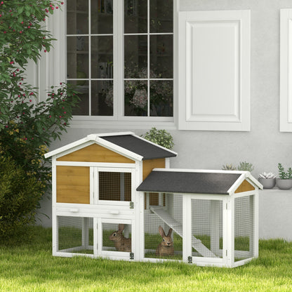 2-Story Weatherproof Wooden Rabbit Hutch 147 x 54 x 84 cm (57.9 x 21.3 x 33.1 in) – Waterproof Bitumen Roof, Run, Ramp & Doors, Yellow