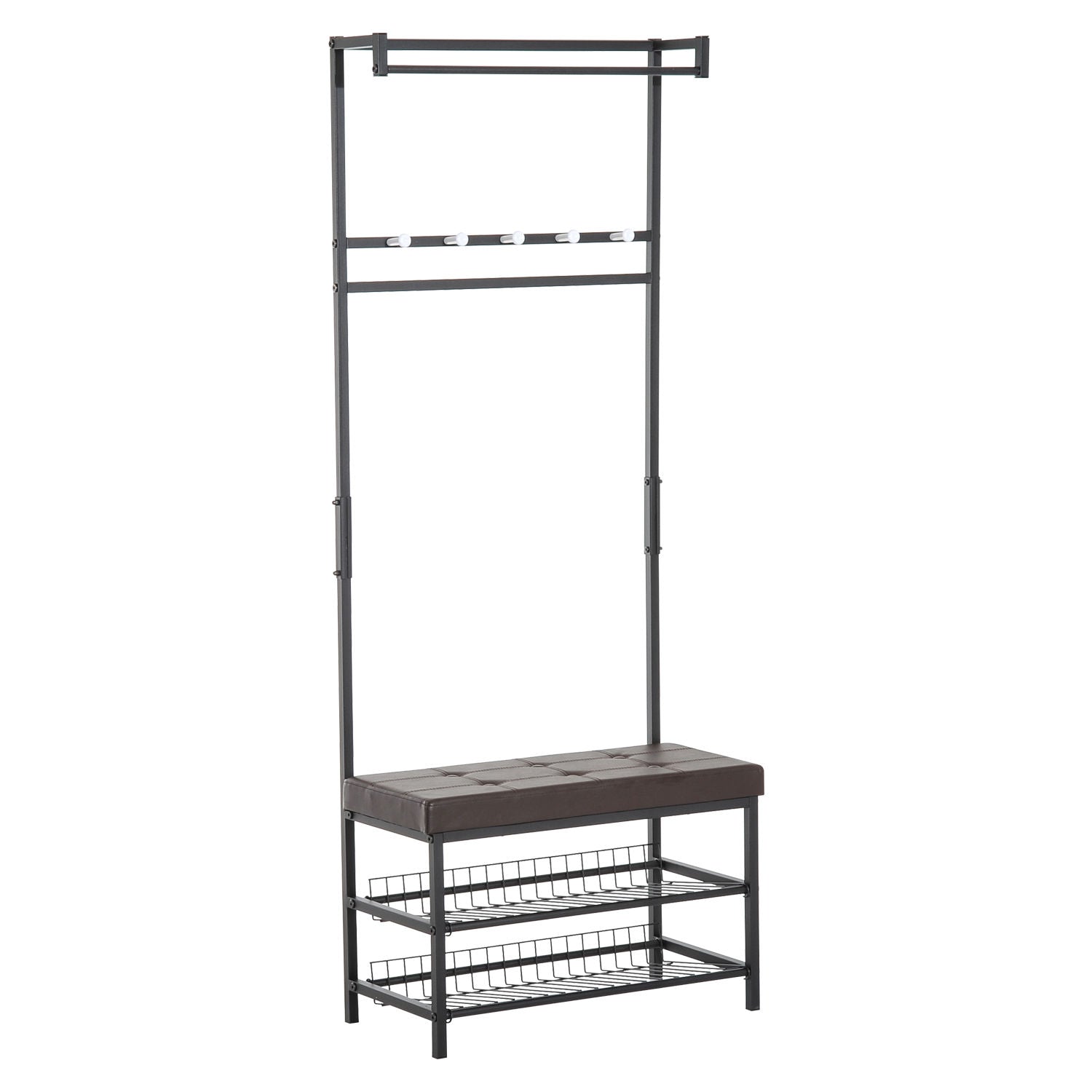 Coat Stand Clothes Rail with 5 Hooks and Shoe Bench with 2 Levels Metal Coat Stand for Hallway, Bedroom, 72.5 x35 x 180cm
