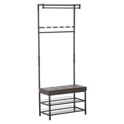 Coat Stand Clothes Rail with 5 Hooks and Shoe Bench with 2 Levels Metal Coat Stand for Hallway, Bedroom, 72.5 x35 x 180cm
