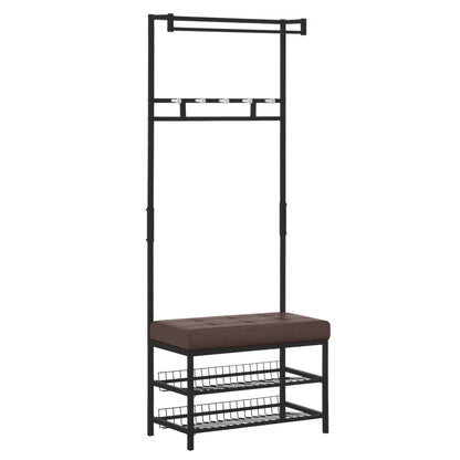 Coat Stand Clothes Rail with 5 Hooks and Shoe Bench with 2 Levels Metal Coat Stand for Hallway, Bedroom, 72.5 x35 x 180cm