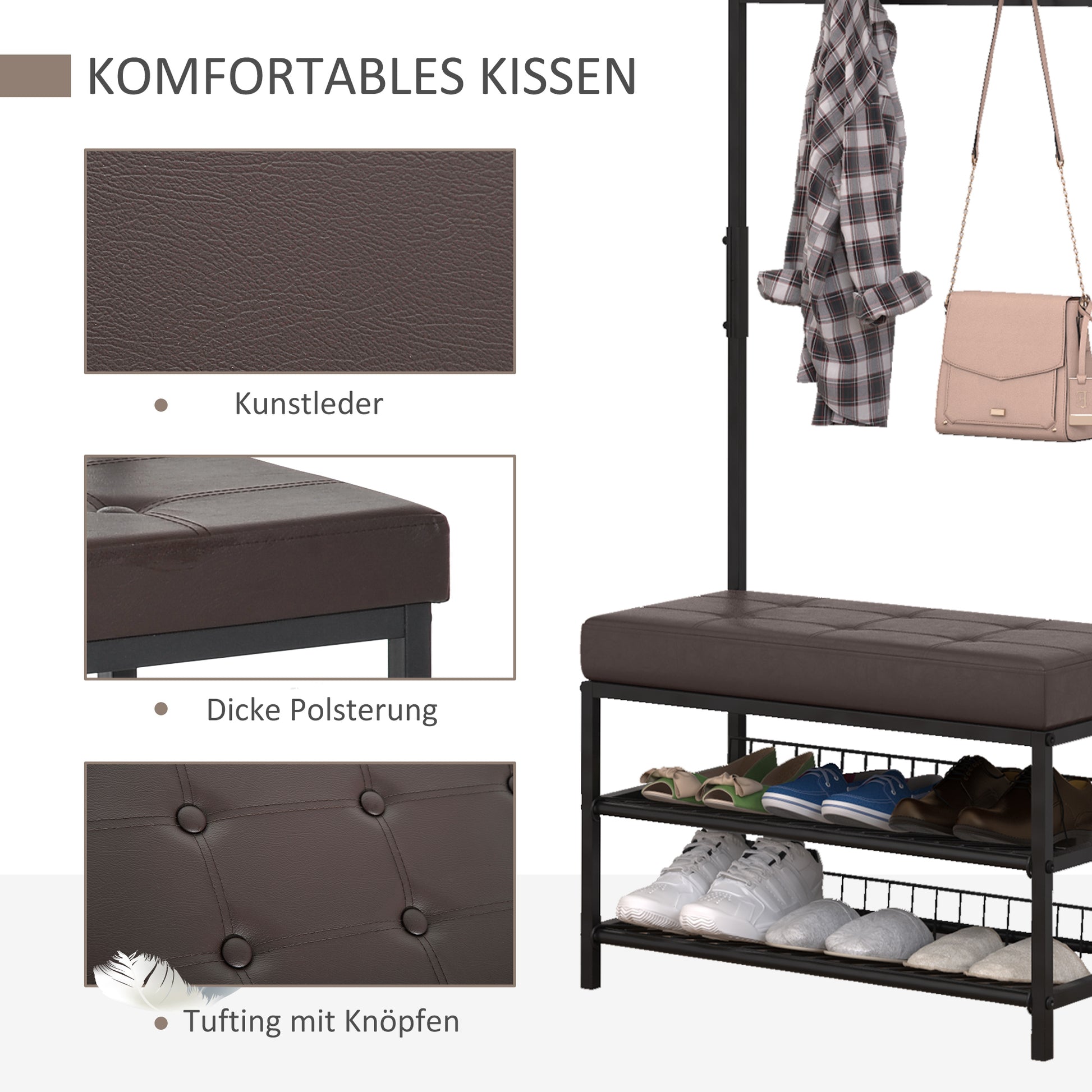 Coat Stand Clothes Rail with 5 Hooks and Shoe Bench with 2 Levels Metal Coat Stand for Hallway, Bedroom, 72.5 x35 x 180cm
