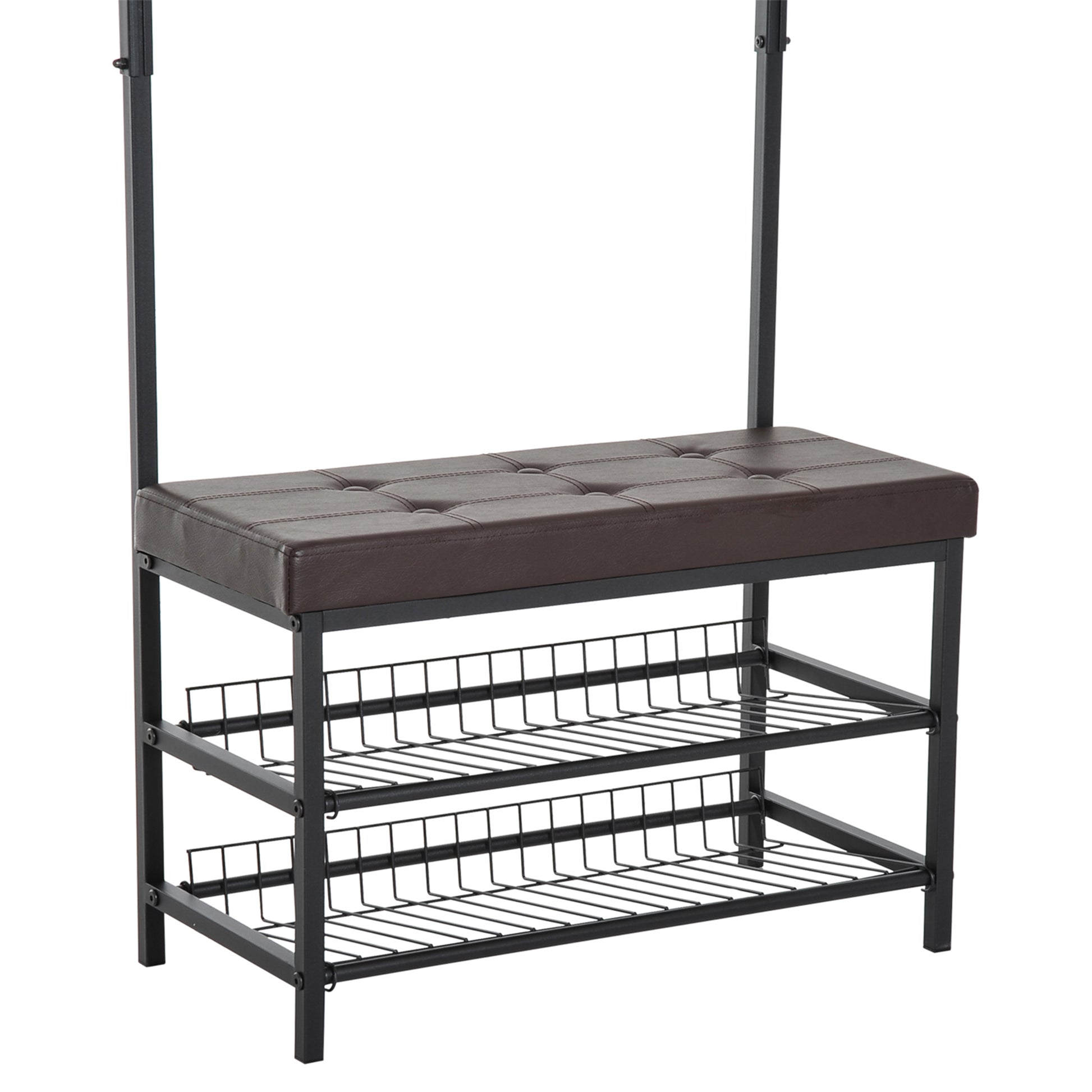 Coat Stand Clothes Rail with 5 Hooks and Shoe Bench with 2 Levels Metal Coat Stand for Hallway, Bedroom, 72.5 x35 x 180cm